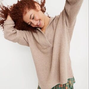 AERIE Womens Large Tan Brown Waffle Knit Hooded Cozy Up Long Sleeve Sweater